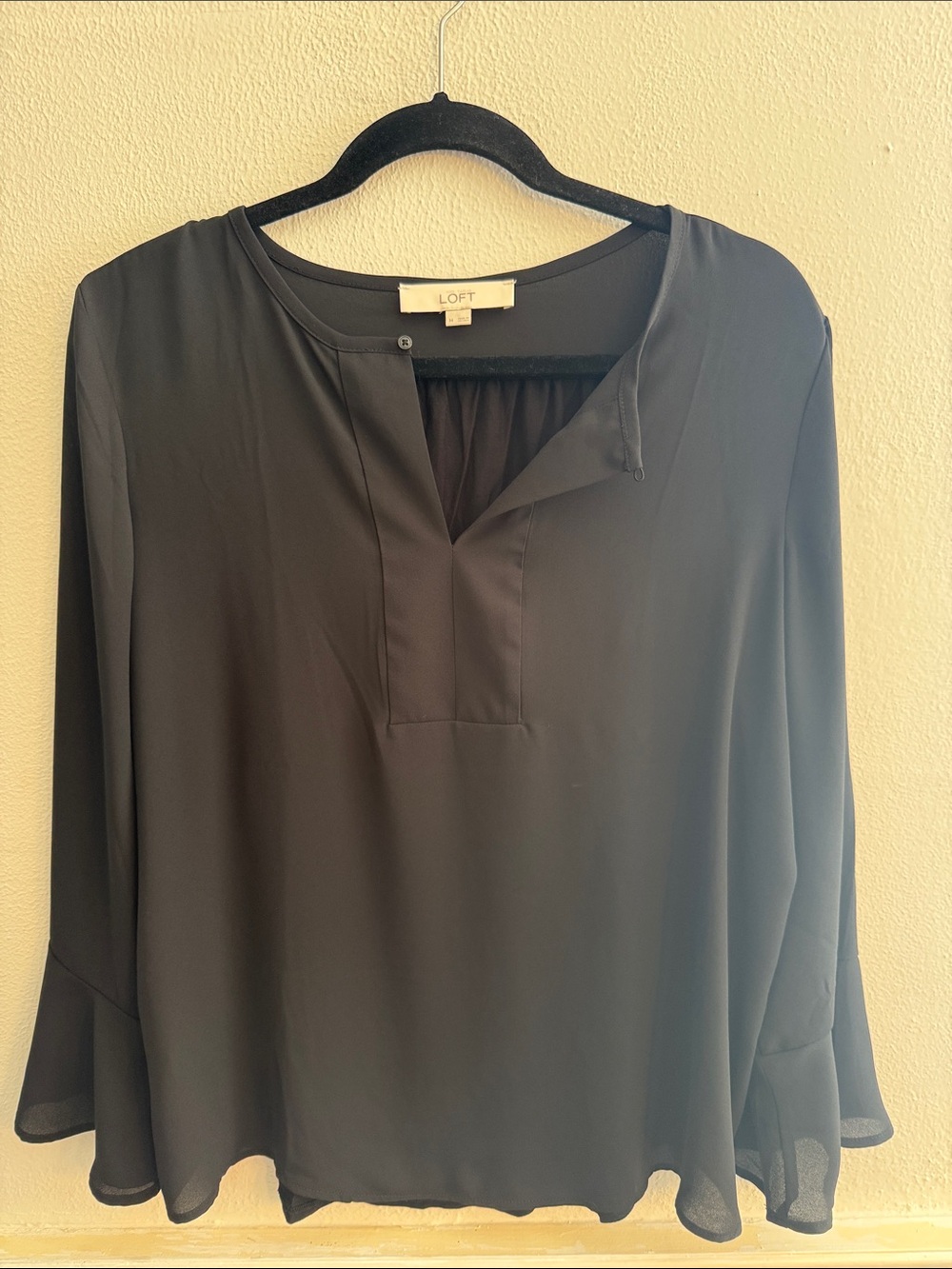 LOFT Black Long-Sleeve Split-Neck Blouse with Flared Cuffs